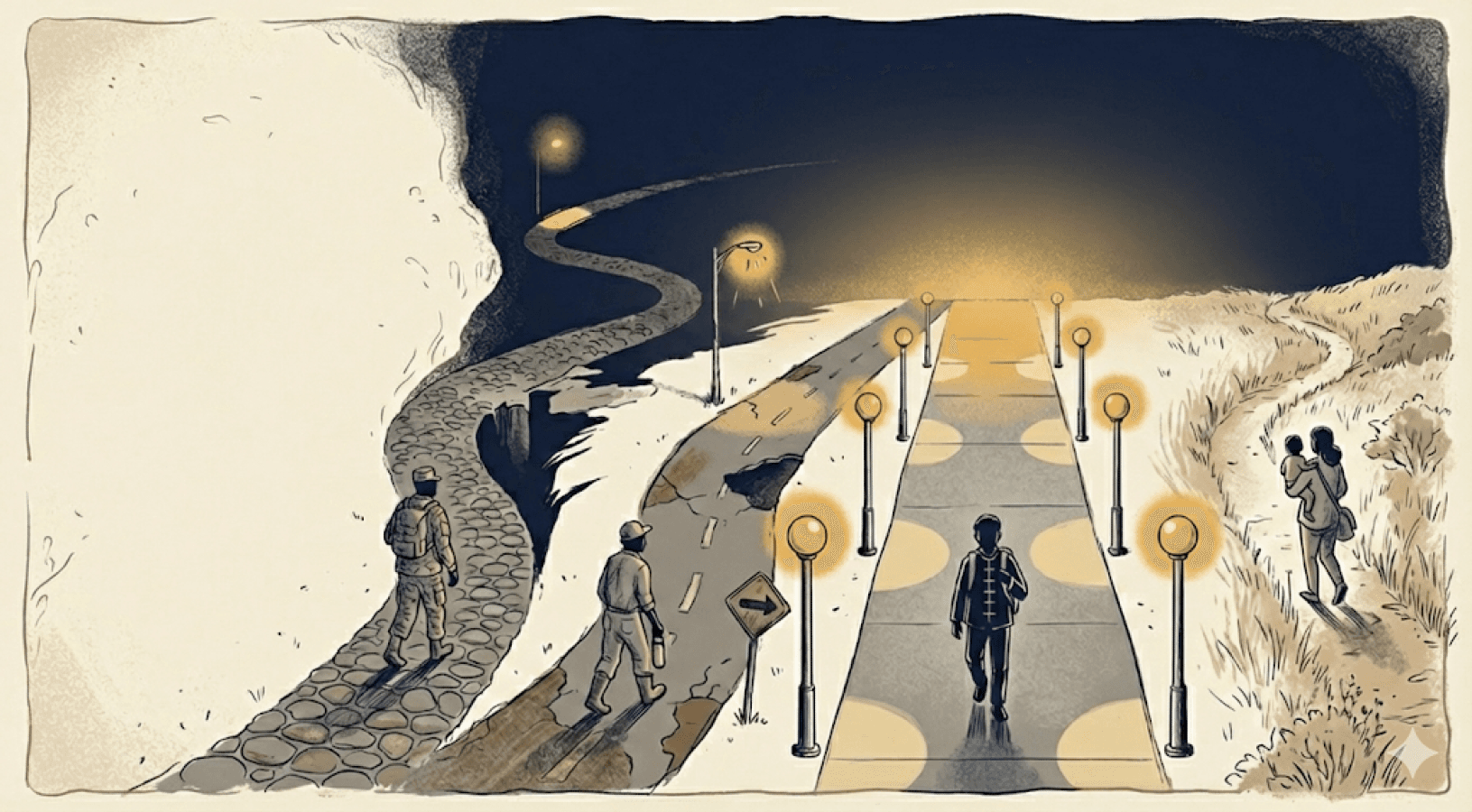 Four paths through higher education converging at a common destination — an illustration for College Azimuth