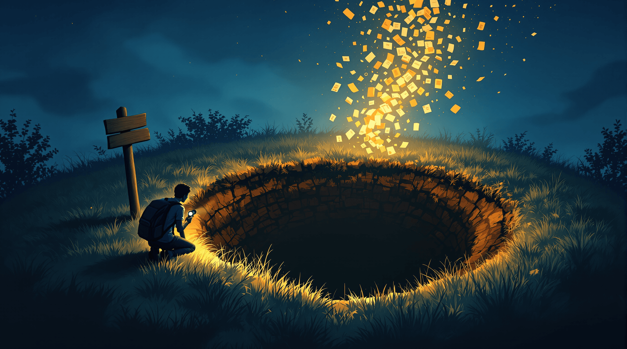 Illustration: a student kneels with a flashlight at the edge of a glowing rabbit hole at night, golden slips of fine print swirling up out of it
