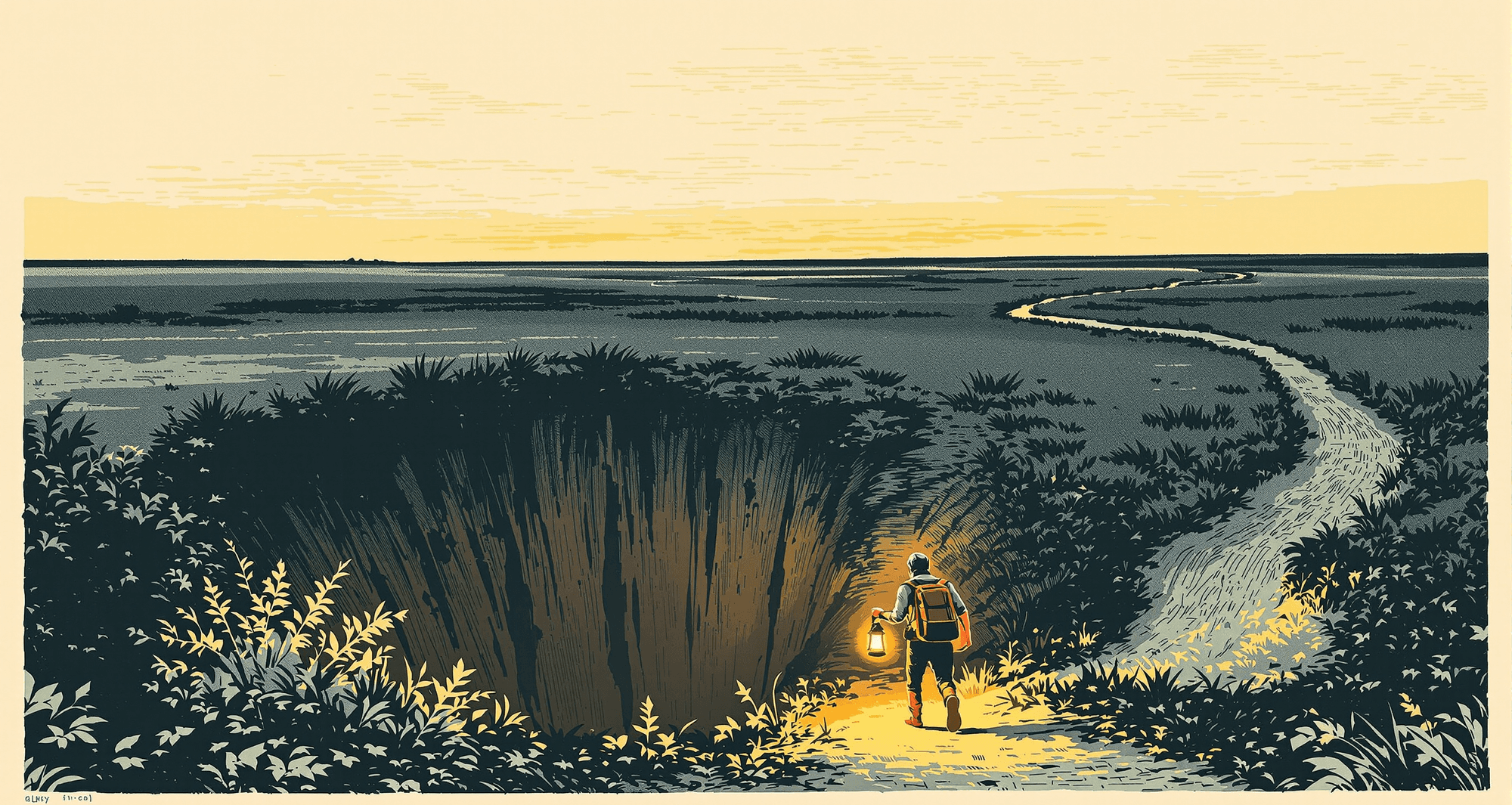 A traveller on a worn path stops short at the edge of a hidden pit, holding a lantern low so its light exposes the drop.